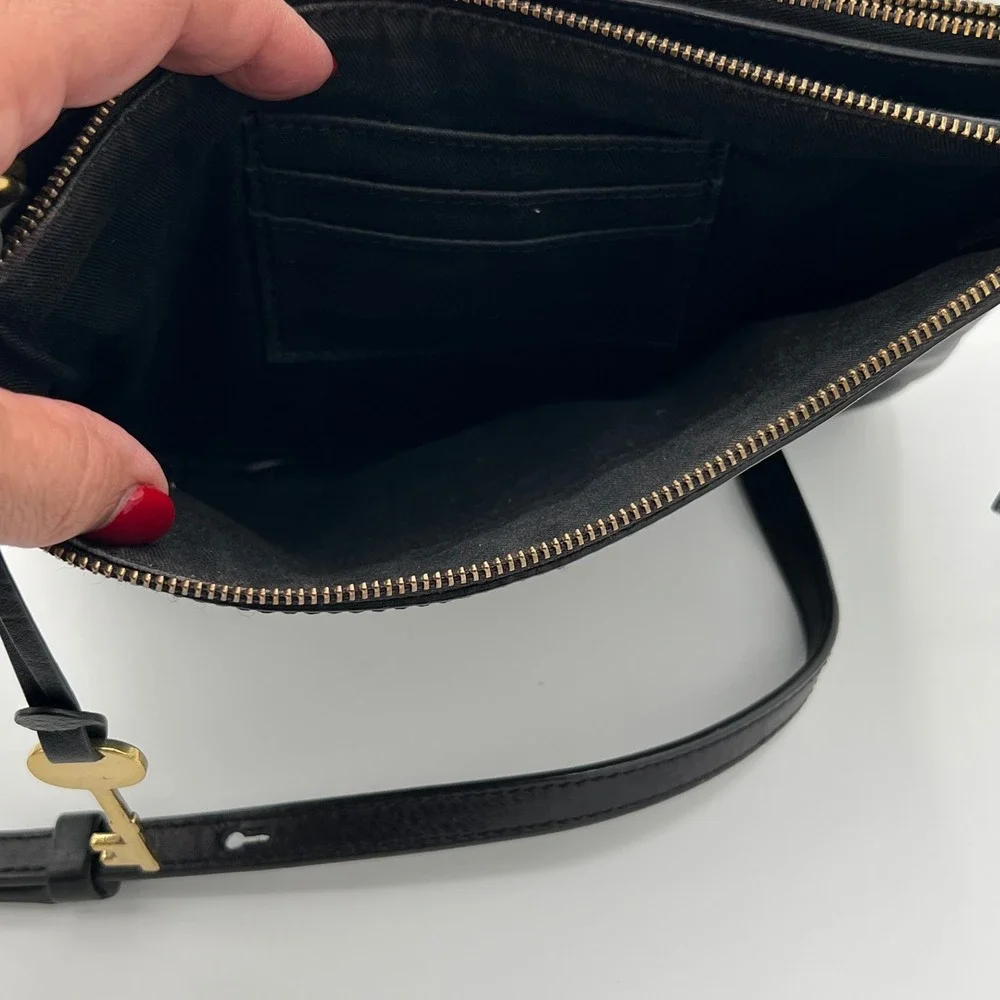 Fossil 1954 Collection Black Leather Crossbody Bag Gold Key Charm Retro Vacation